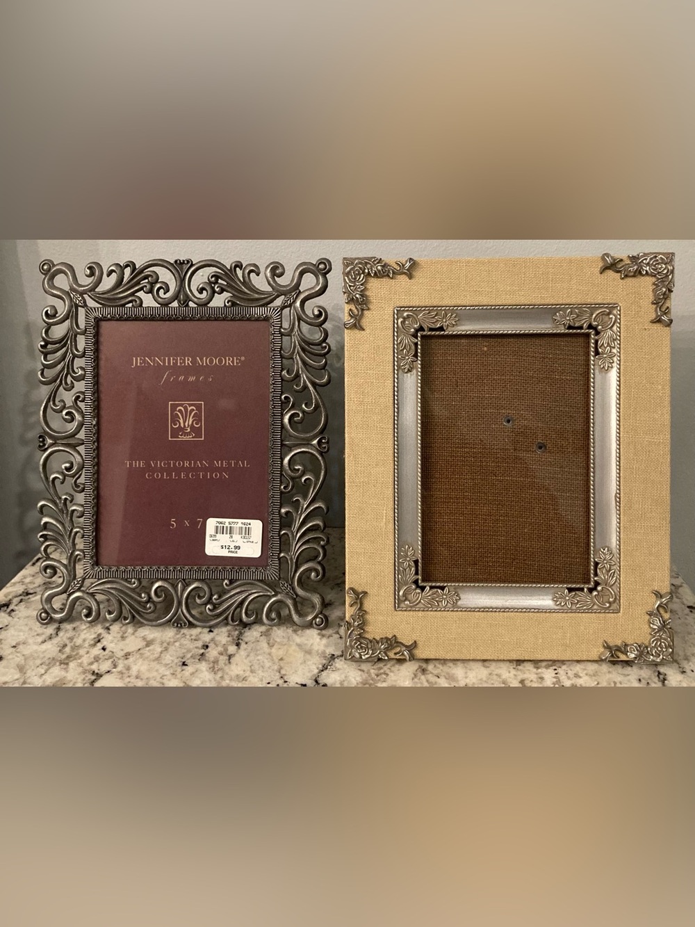 2 Ornate Picture Frames, Silver Toned, Scroll, Burlap